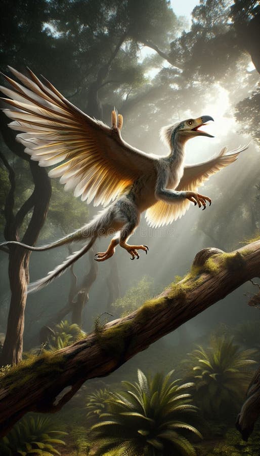 A captivating image of an Archaeopteryx taking flight, focusing on its feathered wings and dynamic pose as it lifts off the ground. The background features a prehistoric landscape with lush vegetation and a clear sky, slightly blurred to emphasize the Archaeopteryx. The overall mood conveys a sense of wonder, evolution, and the transition from dinosaurs to birds. Birdlike species illustrations