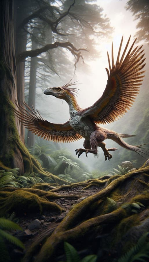 A captivating image of an Archaeopteryx taking flight, focusing on its feathered wings and dynamic pose as it lifts off the ground. The background features a prehistoric landscape with lush vegetation and a clear sky, slightly blurred to emphasize the Archaeopteryx. The overall mood conveys a sense of wonder, evolution, and the transition from dinosaurs to birds. Birdlike species illustrations