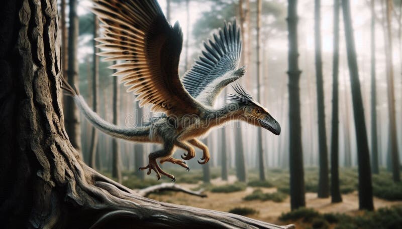 A captivating image of an Archaeopteryx taking flight, focusing on its feathered wings and dynamic pose as it lifts off the ground. The background features a prehistoric landscape with lush vegetation and a clear sky, slightly blurred to emphasize the Archaeopteryx. The overall mood conveys a sense of wonder, evolution, and the transition from dinosaurs to birds. Birdlike species illustrations