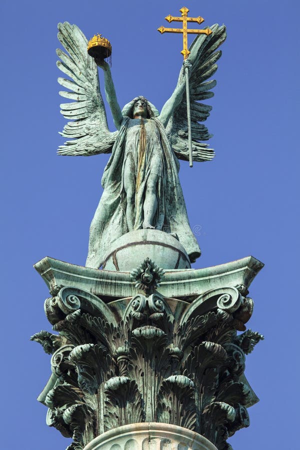 Archangel Gabriel Statue on Heroes Square Column in Budapest Stock