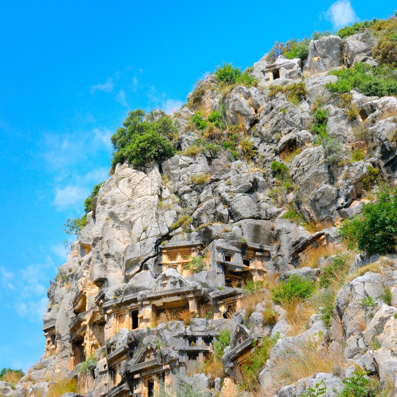 Likya kaya mezarlarının arkeolojik kalıntıları.  Myra, Türkiye Hazır Fotoğraf