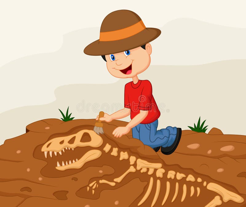 Archeologo del bambino del fumetto che scava per il fossile di dinosauro illustrazione vettoriale Archeologo del bambino del fumetto che scava per il fossile di dinosauro illustrazione vettoriale