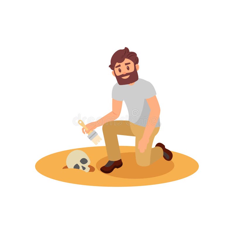 Archeoloog die menselijke schedel van zandige grond schoonmaken Jonge gebaarde mens die borstel gebruiken Vlak vectorontwerp stock illustratie Archeoloog die menselijke schedel van zandige grond schoonmaken Jonge gebaarde mens die borstel gebruiken Vlak vectorontwerp stock illustratie
