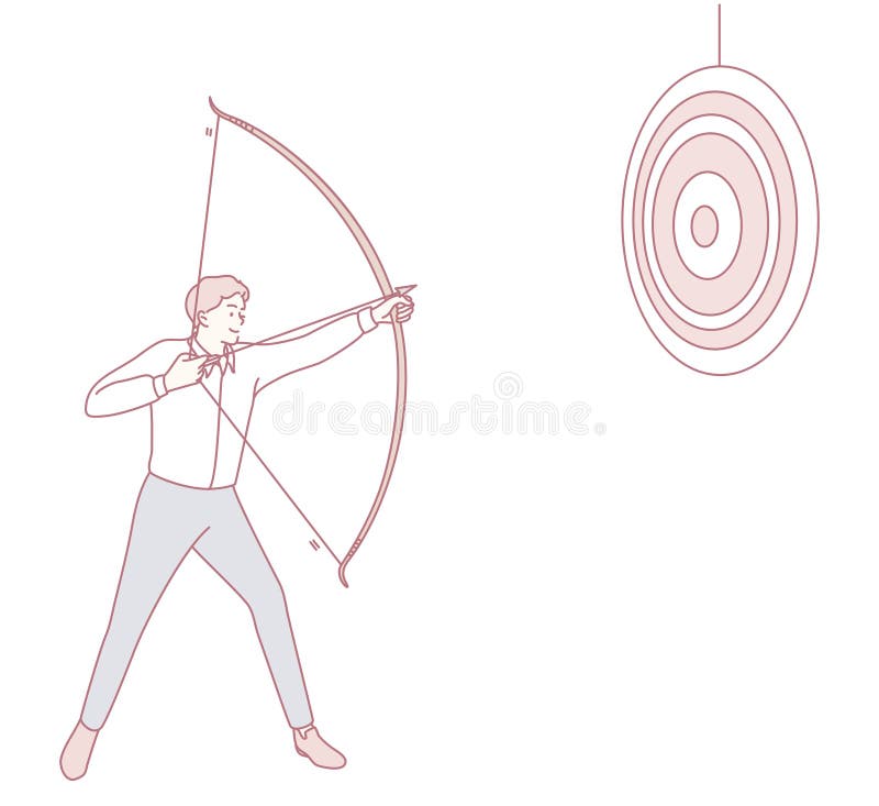 This is a stylized illustration depicting a person who is aiming a bow and arrow directly at a target. Aiming target vectors