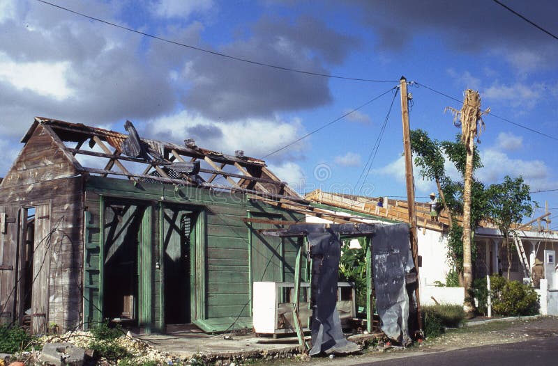 Colorful archive image of cyclone Hugo in 1989 in Guadeloupe. Colorful archive image of cyclone Hugo in 1989 in Guadeloupe.