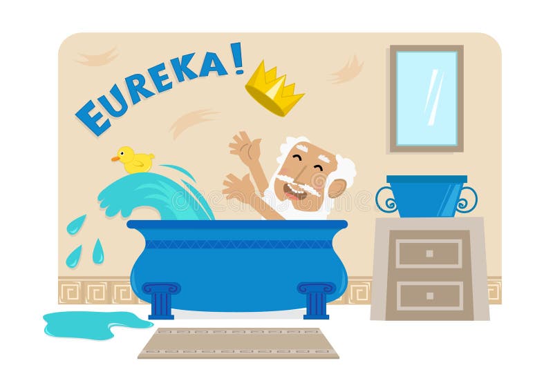 Cartoon illustration of Archimedes in his bathtub with the golden crown and the word Eureka at the top. Eps10. Cartoon illustration of Archimedes in his bathtub with the golden crown and the word Eureka at the top. Eps10