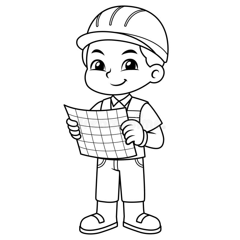 Architect Boy Look into Working Plan BW Stock Illustration Illustration of education, gloves