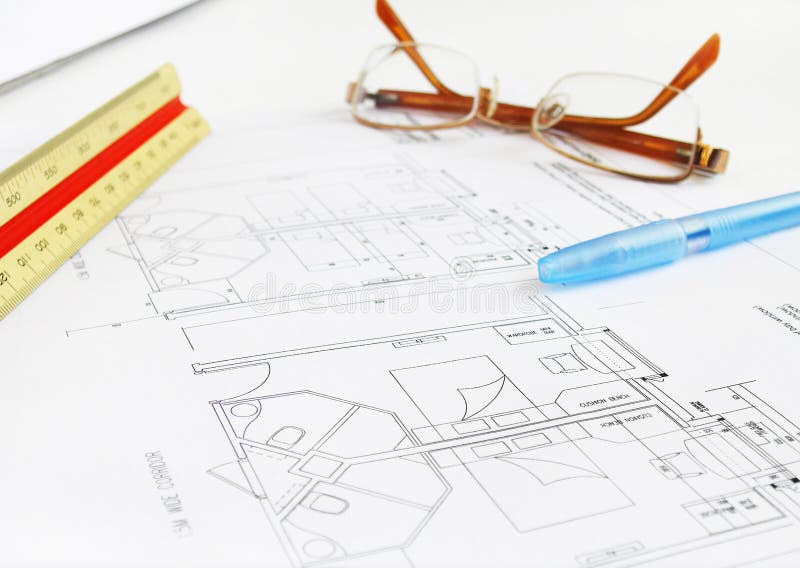 Architect building plan, hotel stock images