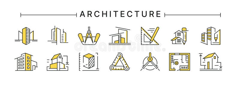 Architect buildings. Line icons of architecture project for engineer documents and plans. Apartment interior blueprint vector illustration