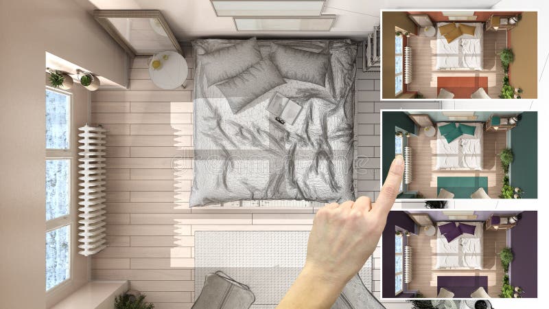 Architect designer concept, hand showing colored country bedroom, colors in different options, interior design project draft, color picker, material sample, top view, plan, above. Editing project stock images, royalty-free photos and pictures