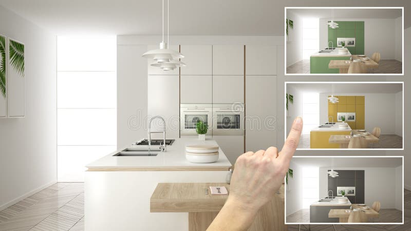 Architect designer concept, hand showing modern wooden kitchen colors in different options, interior design project draft, color picker, material sample. Editing project stock images, royalty-free photos and pictures