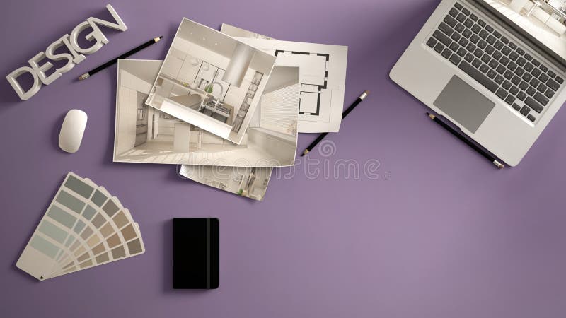 Architect Designer Concept Violet Work Desk With Computer Paper