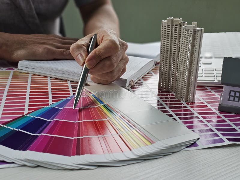 Architect designer Interior creative work color palette sketch plan material selection color samples artistic tools stock photography