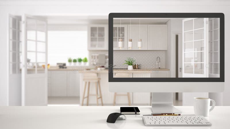 Architect Designer Project Concept White Desk Table With Computer Desktop Showing Kitchen Project Blurred Draft In The Stock Illustration Illustration Of Design Layout 141778575