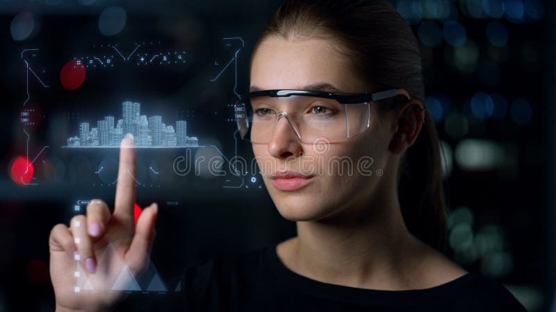 Architect designing city hologram developing digital futuristic urban project royalty free stock images