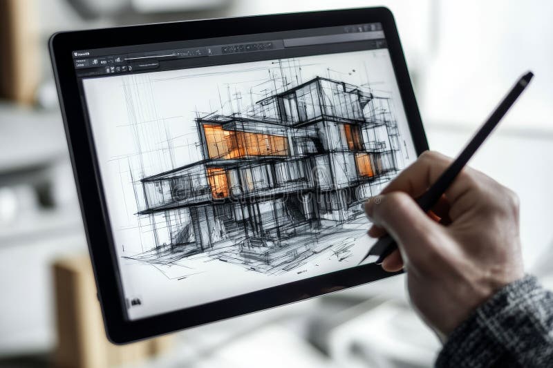 An architect engineer is focused on creating futuristic building designs on a digital tablet. The intricate sketches stock photos