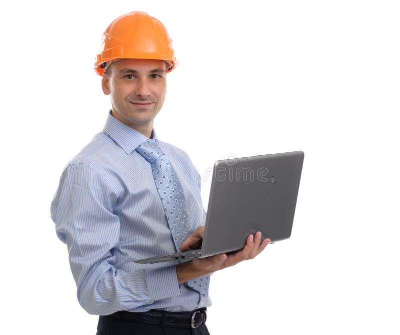 Architect in helmet with laptop