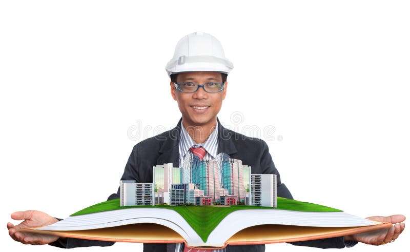 Architect holding green field with modern building above stock images