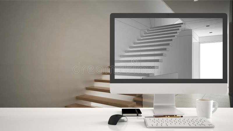 Architect house project concept, desktop computer on white work desk showing CAD sketch, minimalistic wooden stairs interior desig royalty free stock photos