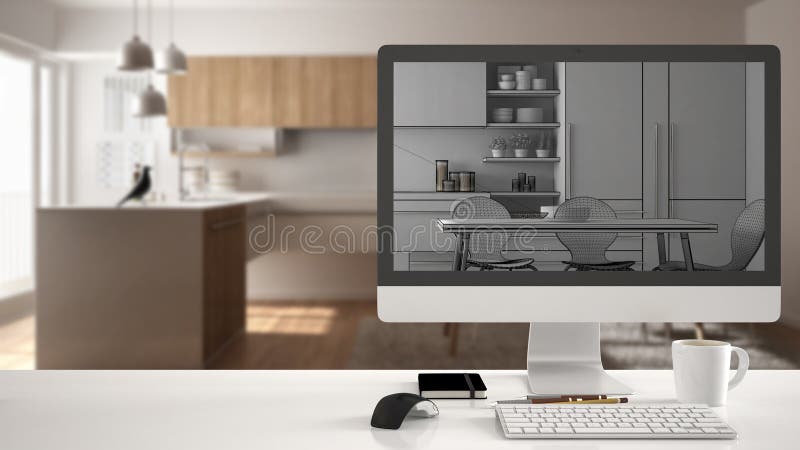 Architect house project concept, desktop computer on white work desk showing unfinished CAD sketch or drawing, real finished minim