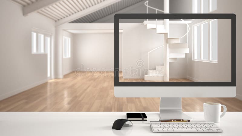 Architect house project concept, desktop computer on white work desk showing white modern empty space, minimalistic blurred interi royalty free illustration Architect house project concept, desktop computer on white work desk showing white modern empty space, minimalistic blurred interi royalty free illustration