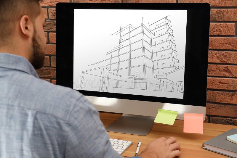 Architect Making Project of House on Computer in Office Stock Photo ...