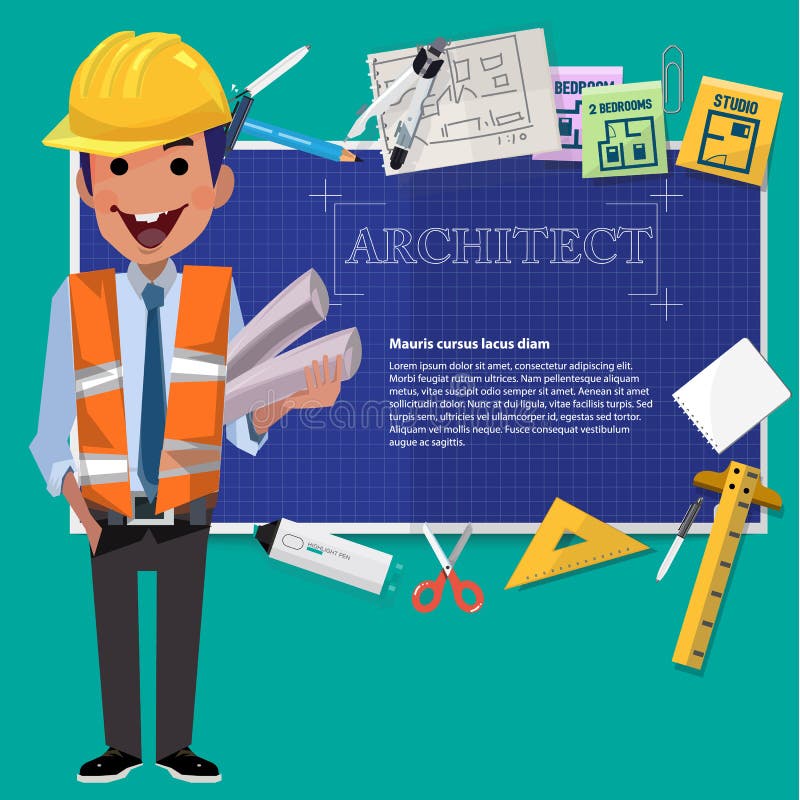 Architect Man with Blueprint Paper and Tool. Presentation