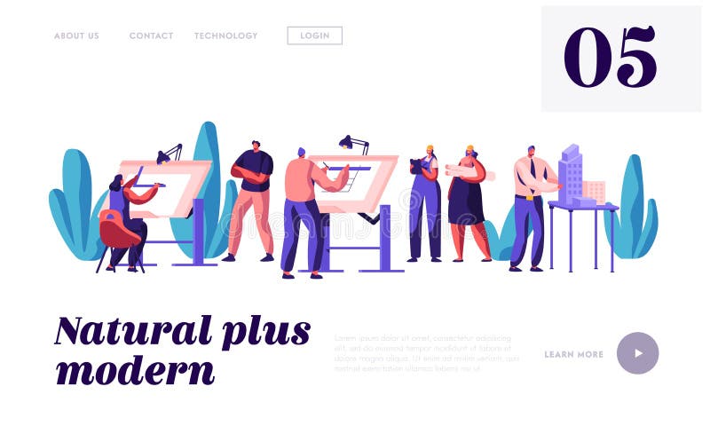 Architect People Projecting Construction Plan Landing Page. Engineer Working on Building Project on Architecture Board stock illustration