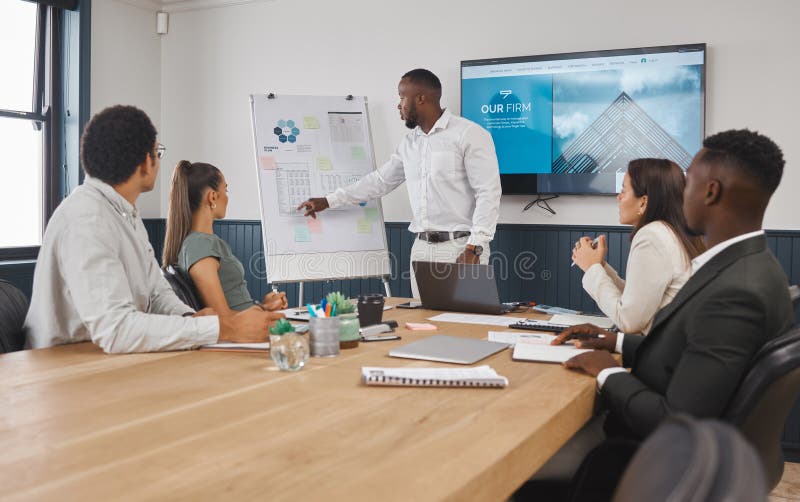 Architect, presentation and people in meeting, boardroom and speaker with ideas, talking and design goals. Monitor royalty free stock photography