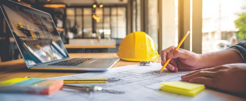 The architect reviewing blueprints and working on a laptop in a modern workspace. AI generated image.
