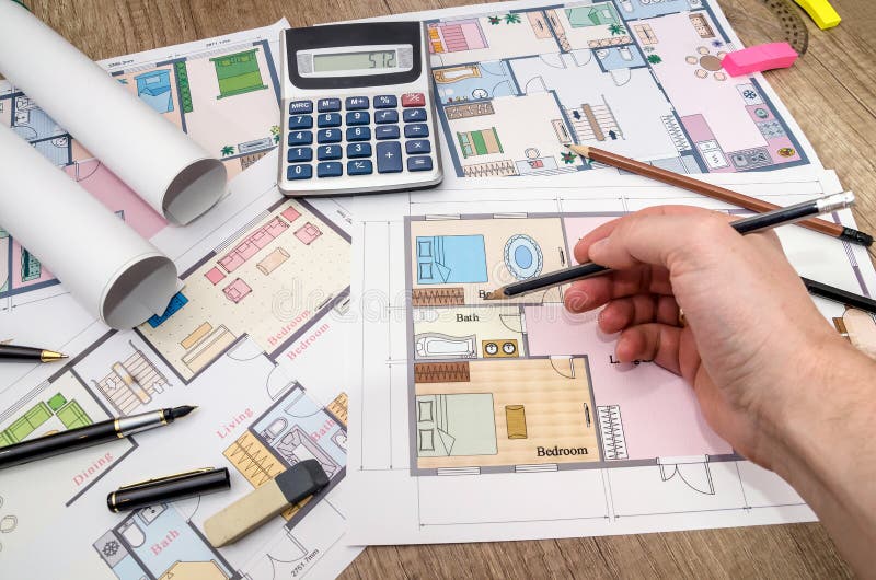 Architect reviewing and showing blueprint. architecture sketch stock images
