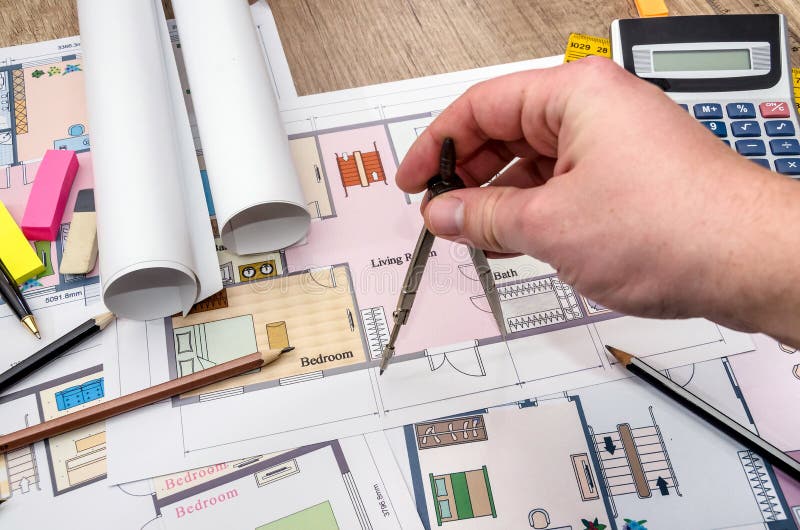 Architect reviewing and showing blueprint. architecture sketch royalty free stock image