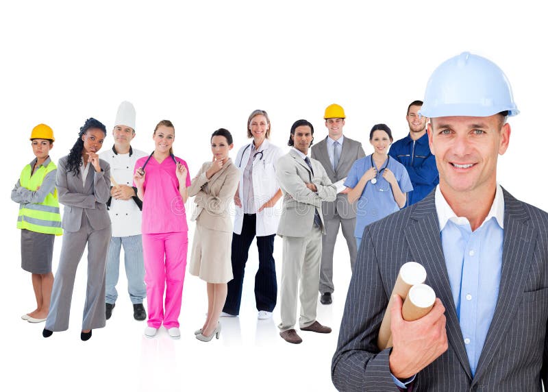Architect standing in front of different types of workers stock photography