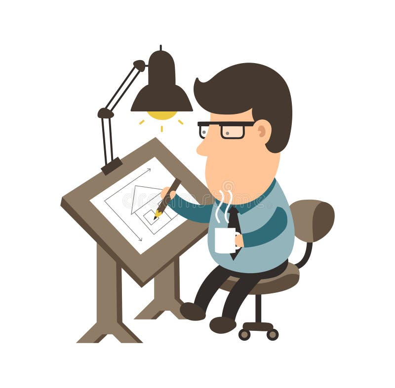 Architect Working On Desk House Project Draftsman Flat Illustration Architect Working On Desk House Project Draftsman Flat Illustration