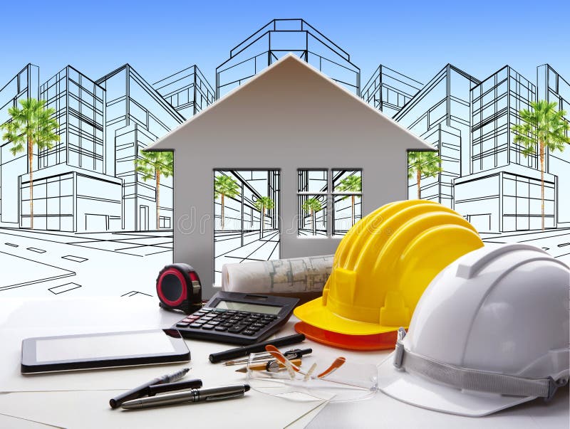 Architect working table with construction industry and engineer royalty free stock photos