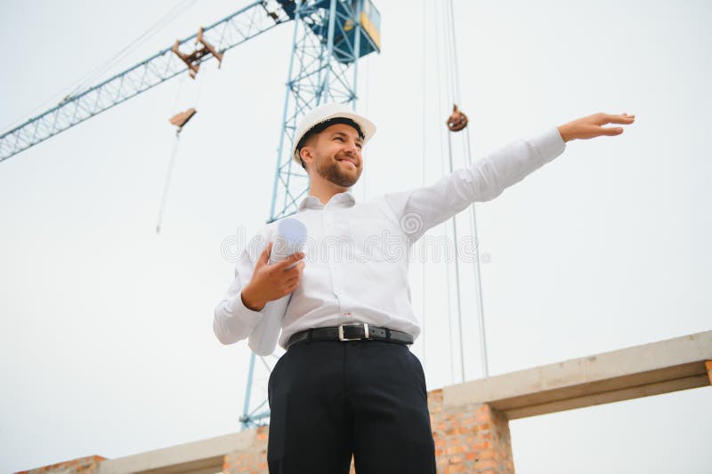 Architecte Sur Un Chantier De Construction Avec Plans Image stock