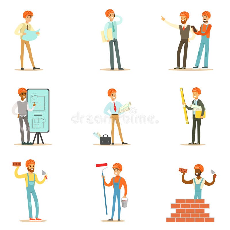 Architects And Construction Workers House Construction Process From Project To Building Set Of Illustrations vector illustration