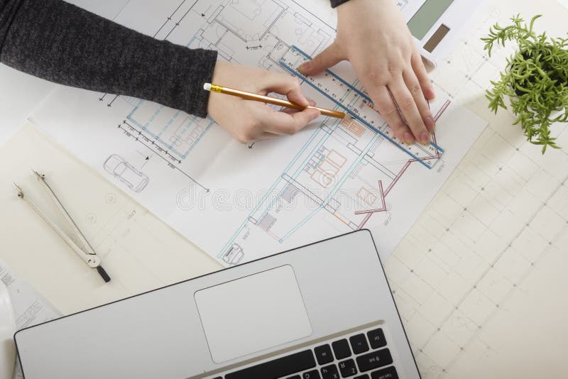 Architects Working on Blueprint, Real Estate Project. Architect