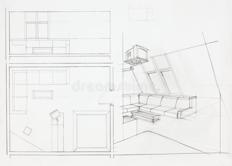Architectural blueprint of living room stock illustration