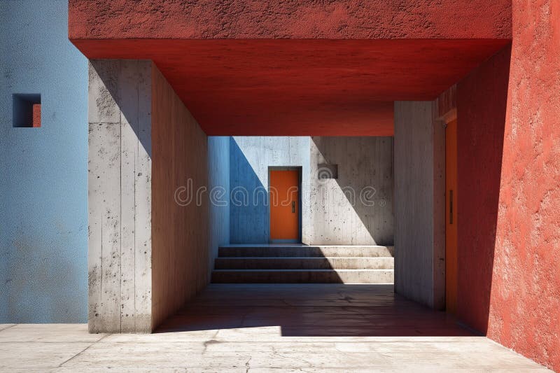 Architectural composition featuring colorful geometric structures with bold shadows. stock photography