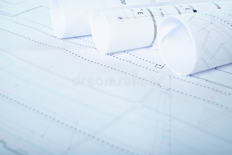 Architectural construction drawings, construction projects on paper stock photography