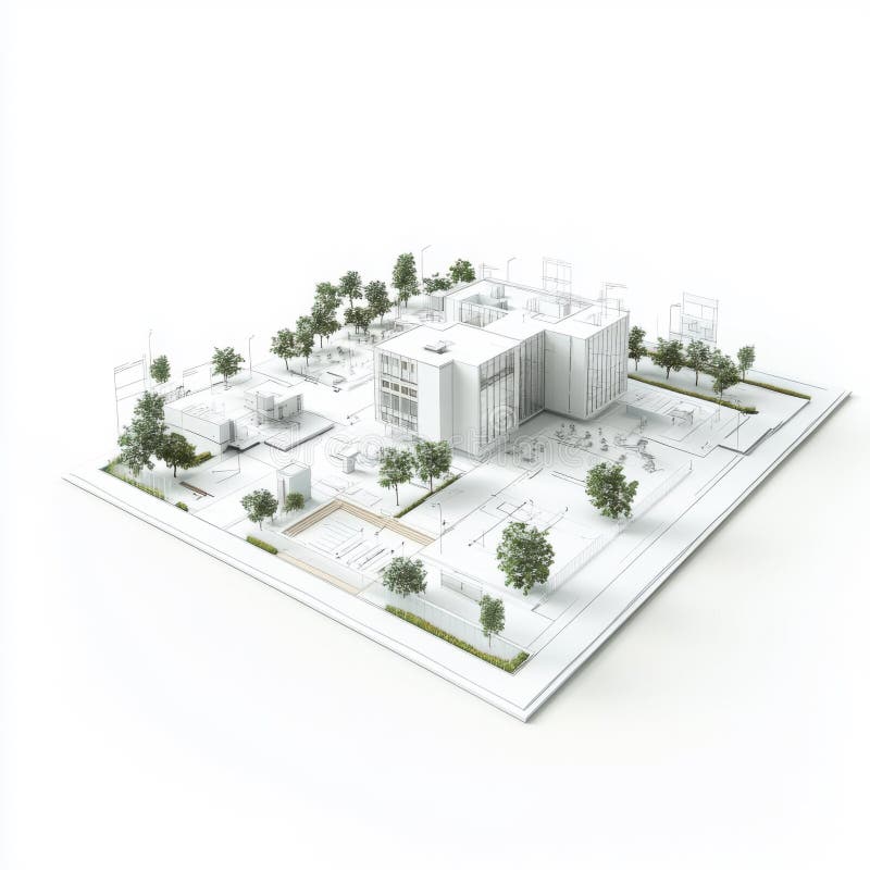 Architectural 3d layout of a modern urban park design with trees and buildings royalty free illustration