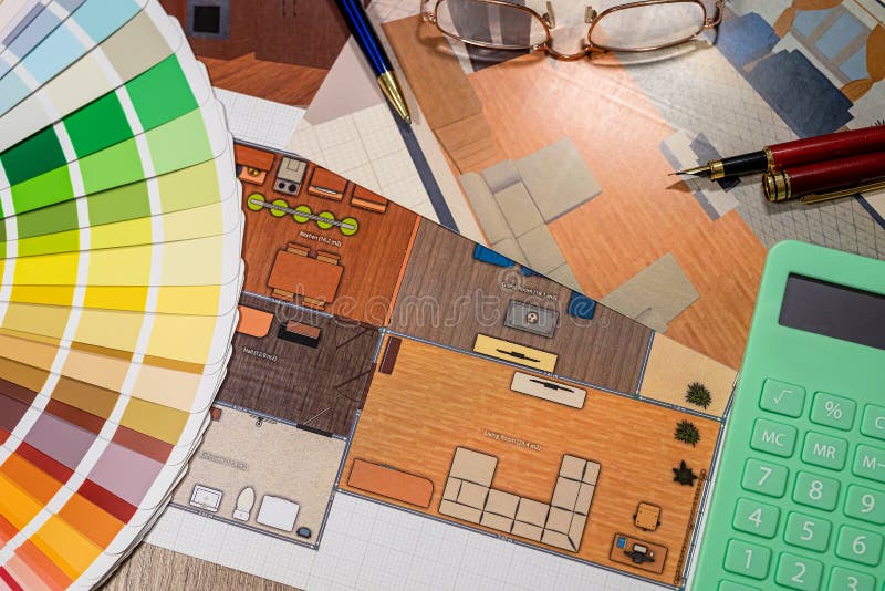Architectural Design of Work with Color Palette and Sketch Plan Printed