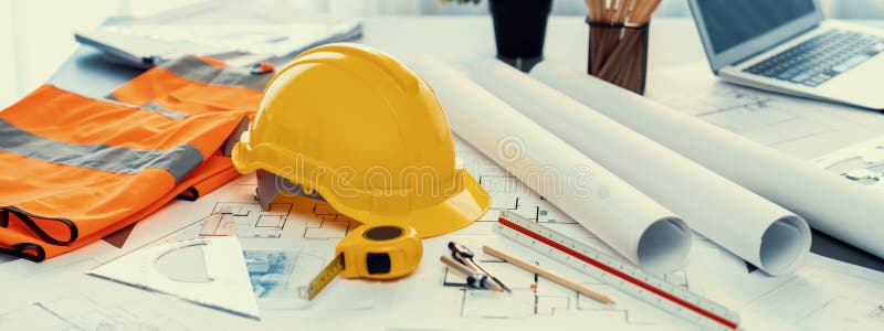 Architectural designed blueprint layout and engineer tools on table. Insight stock photos