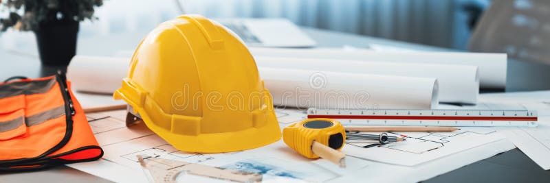Architectural designed blueprint layout and engineer tools on table. Insight royalty free stock images