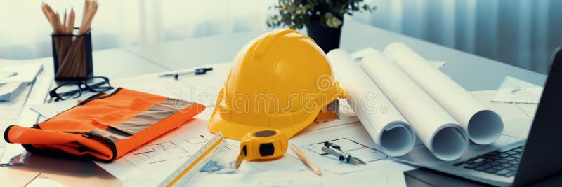 Architectural designed blueprint layout and engineer tools on table. Insight stock photo