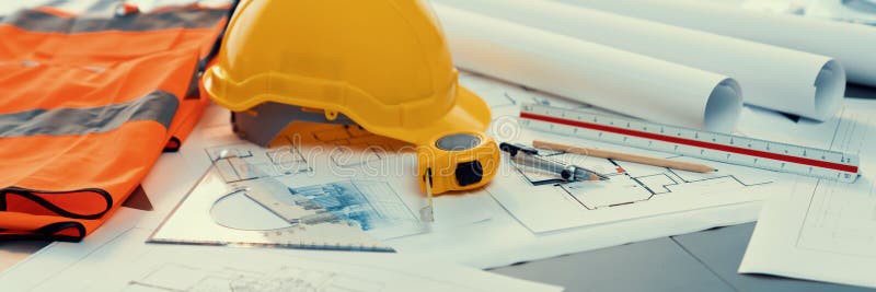 Architectural designed blueprint layout and engineer tools on table. Insight stock images