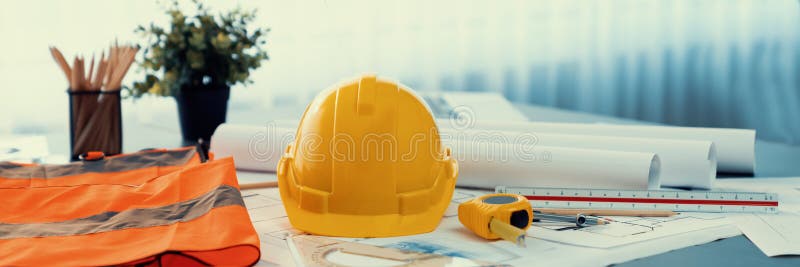 Architectural designed blueprint layout and engineer tools on table. Insight stock photos