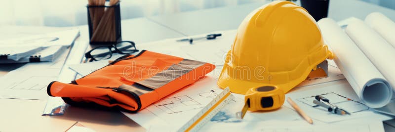 Architectural designed blueprint layout and engineer tools on table. Insight stock images