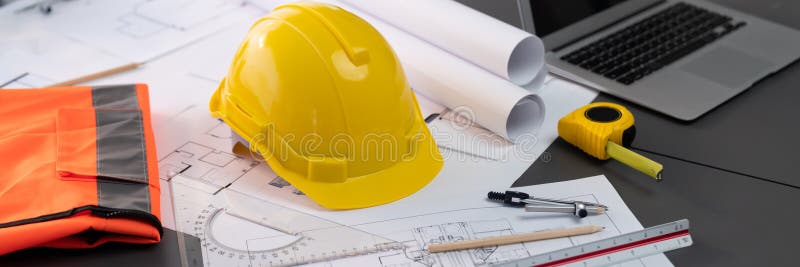Architectural designed blueprint layout and engineer tools on table. Insight royalty free stock photography